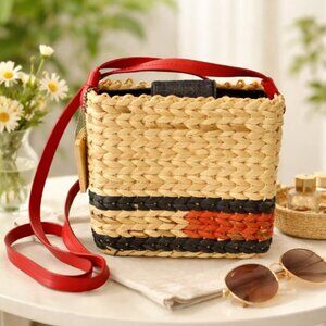 Tommy Hilfiger Crossbody Patriotic Woven Raffia Straw Flag Logo Purse Womens